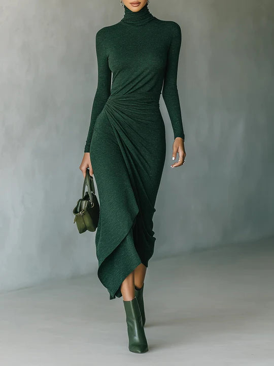MARCELLA™ | VESTIDO MIDI ENVOLVENTE ASIMETRICO CON PLIEGUES Y CUELLO ALTO CON VERDE OSCURO