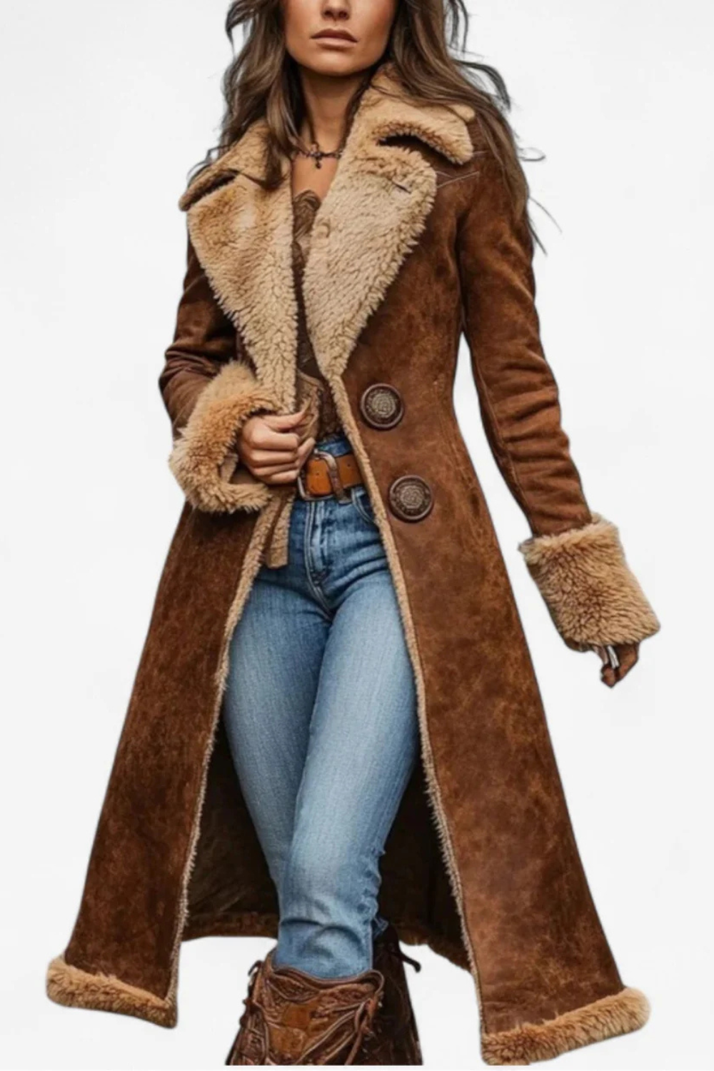 Abrigo largo de Inspiración Vintage con Pelaje Sintético