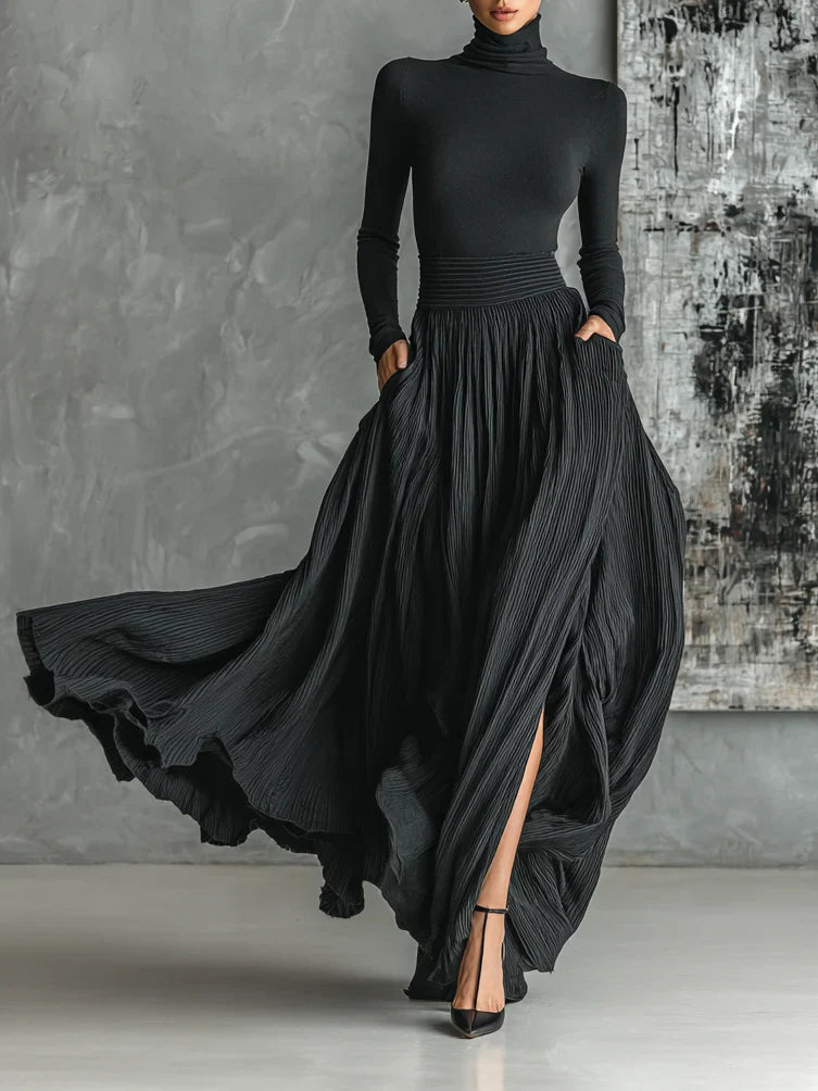 MICHELA™ - CONJUNTO DE FALDA PLISADA Y CAMISETA NEGRA AJUSTADA DE MANGA LARGA