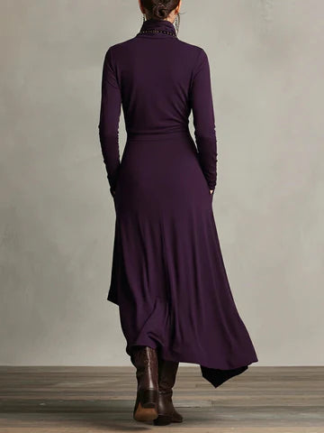 Giorgia™ | Vestido largo plisado asimétrico con cuello alto morado