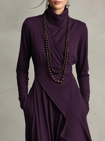 Giorgia™ | Vestido largo plisado asimétrico con cuello alto morado